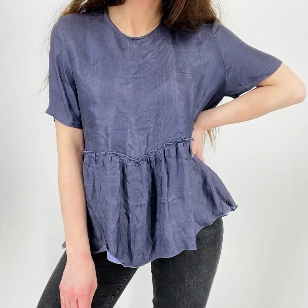 Chan Luu Silk Blend Baby Doll Top in Dark Blue Size M - Picture 1 of 16
